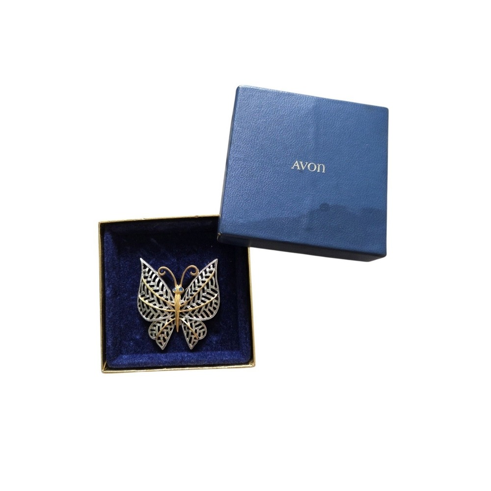 Avon Silvertone Goldtone Metal Butterfly Brooch Mint in Box 1972Vintage Retro